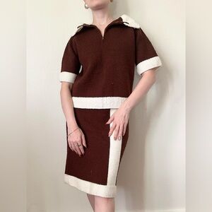 Vintage Mod 60s Brown Wool Sweater & Skirt Set
